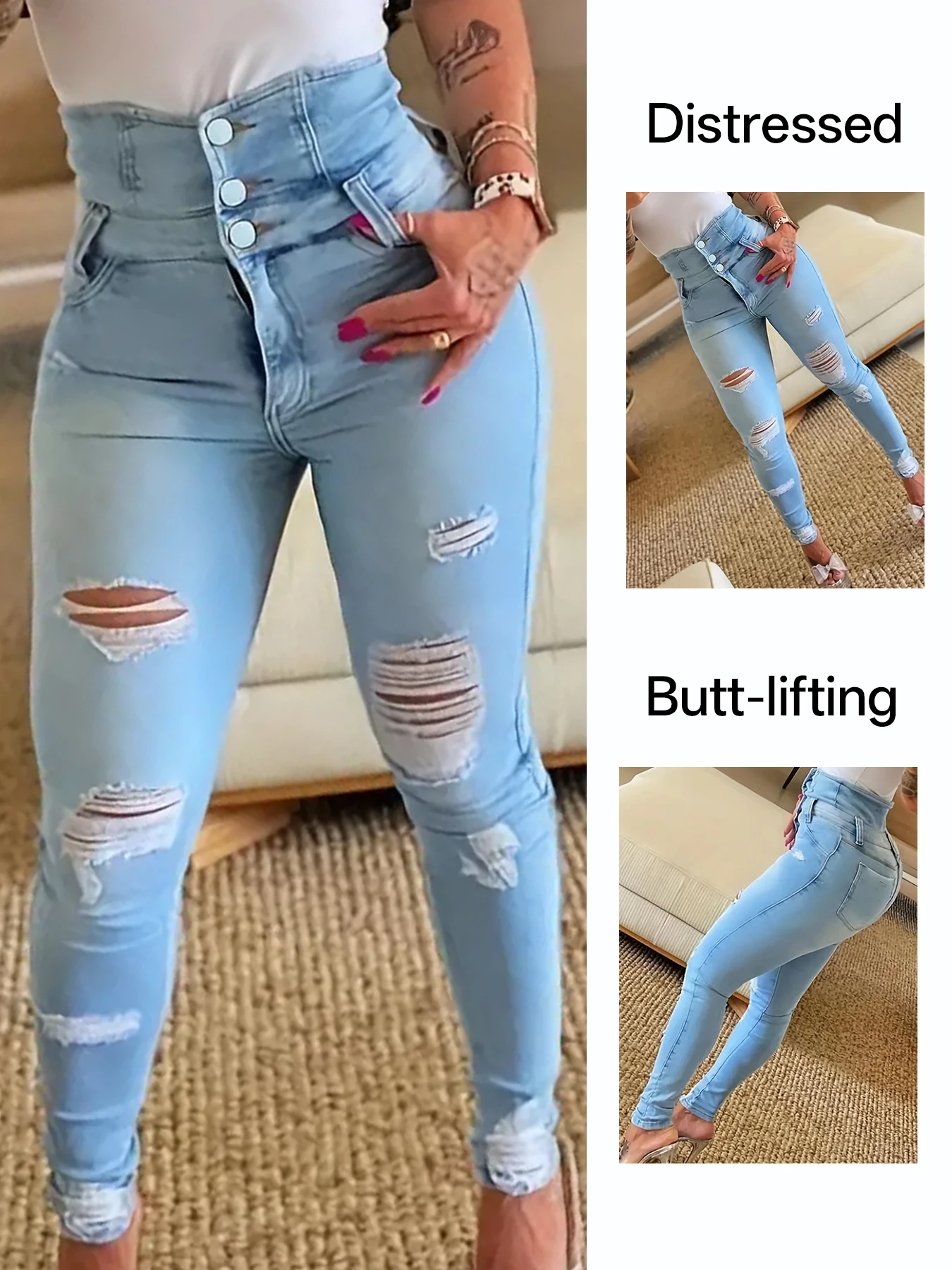 الملابس النسائية Y2k سراويل جينز ضيقة غير رسمية بقصة ضيقة وخصر عالٍ ممزقة ومطاطة مع أزرار متعددة