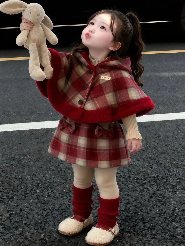 

New Year Red Warm Stripes Thick Cloak Coat+Shortskirt 2PCS Kids Winter Princess Clothes Set Toddler Girl Children Elegant Suit