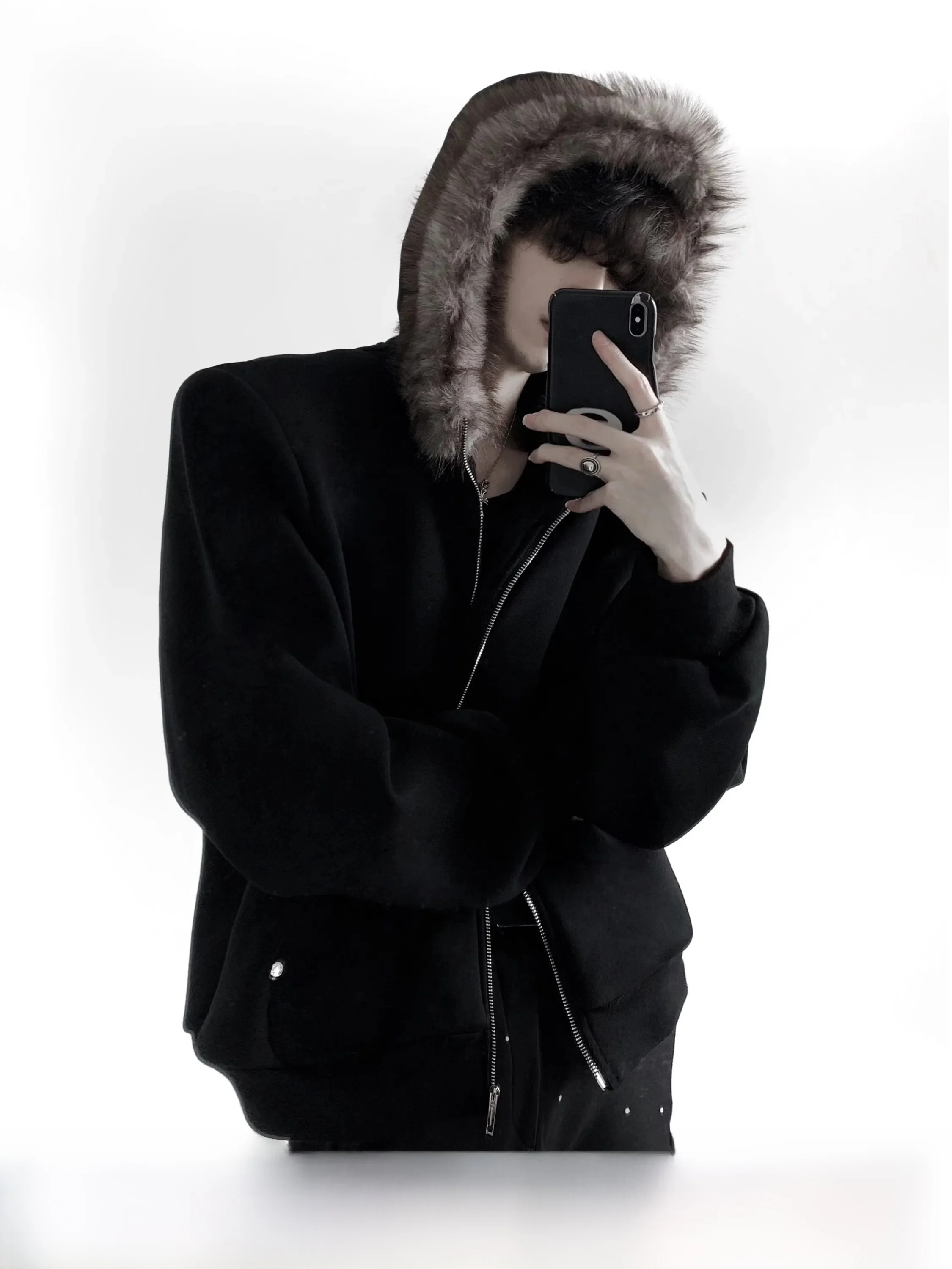 Autumn Mountain Wolf Large Fur Collar Hoodie Open Cardigan Men Winter High-End Simulation  Fur Jacket Loose Fit Long Sle...