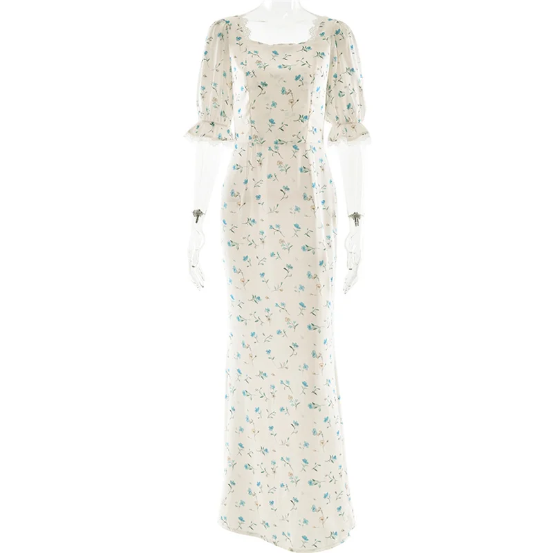 ABRT-여성 캐주얼 여름 스퀘어 넥 퍼프 슬리브 드레스 Boho 꽃 프린트 롱 드레스