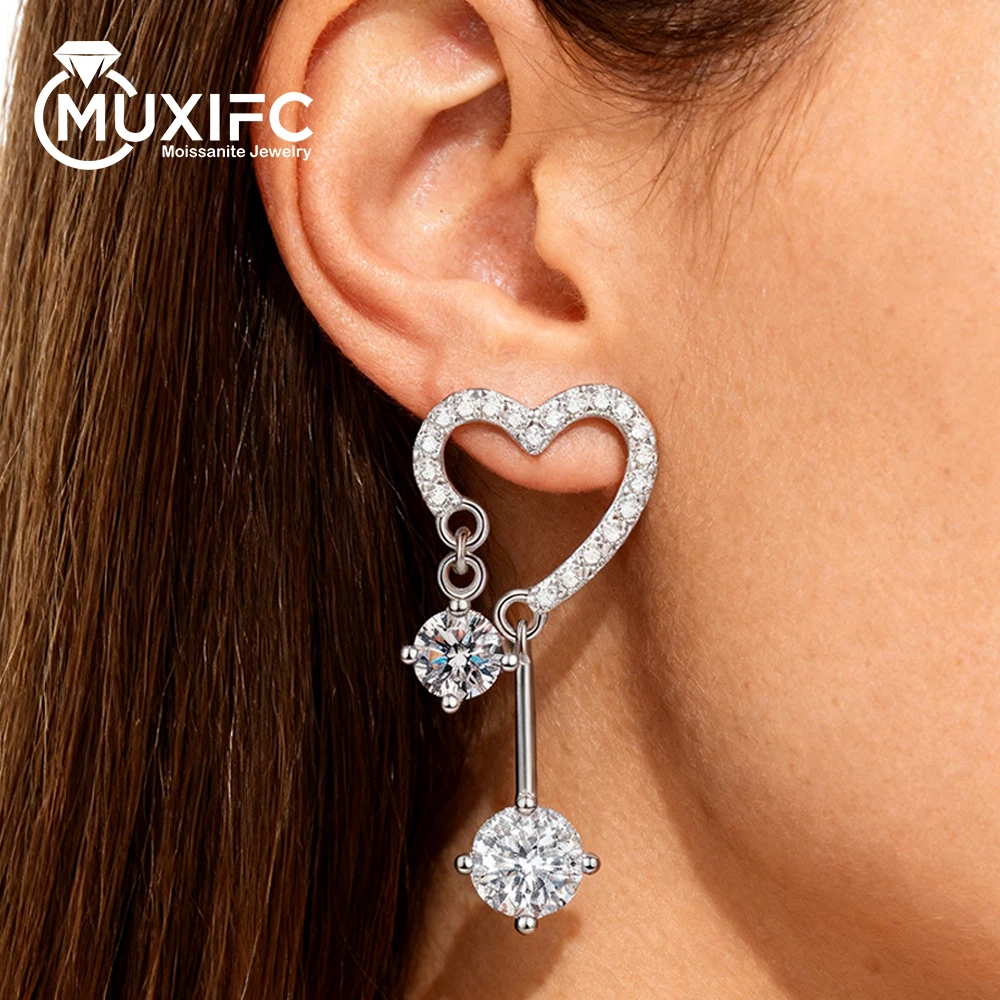 

MUXIFC 1.6CT Round Cut Moissanite Tassel Stud Earring Women Sparkling Heart Wedding Earring 925 Silver Plated 18K Gold Jewelry