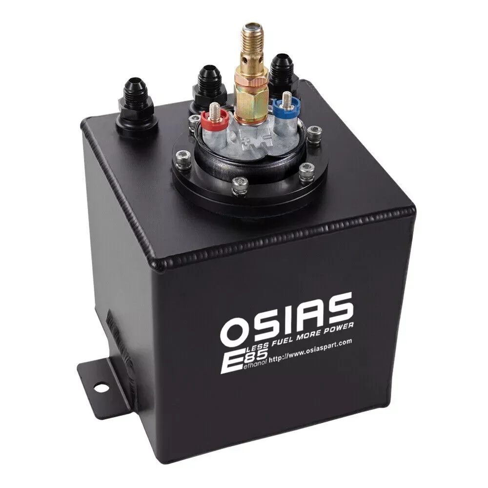 OSIAS 044 High Flow External Fuel Pump with 2L Black Aluminum Surge Tank AN6 Swirl Fuel Tank for Automotive