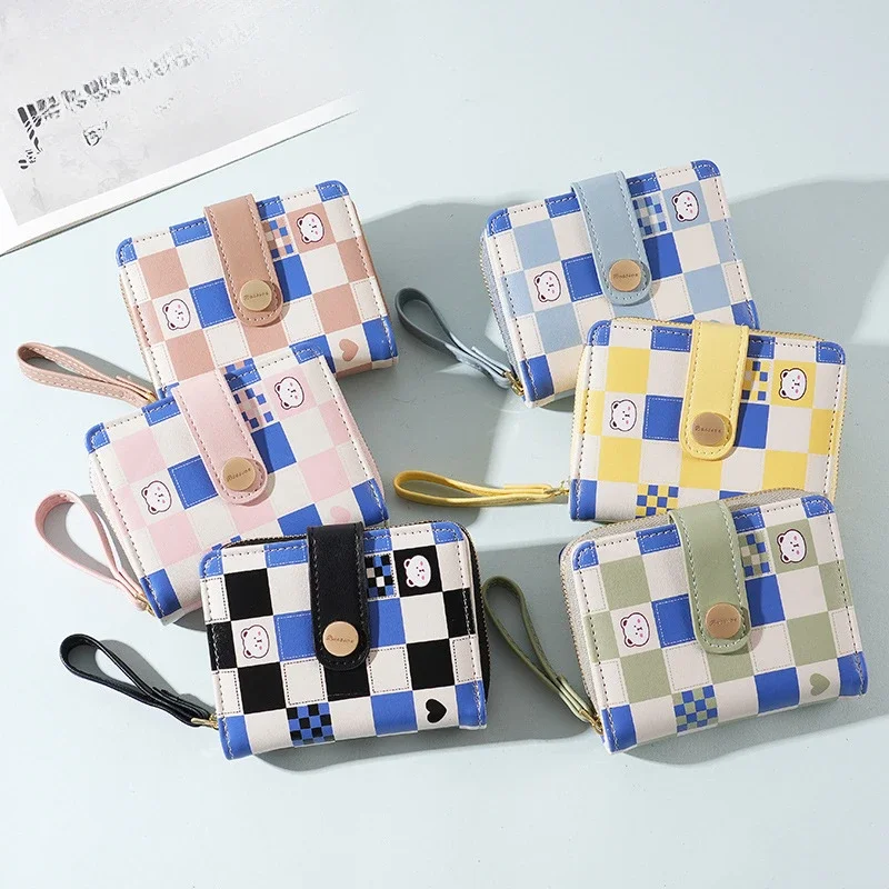Women's purse plaid rabbit checkerboard document storage bag Light luxury buckle zipper holding mini purse Kawaii