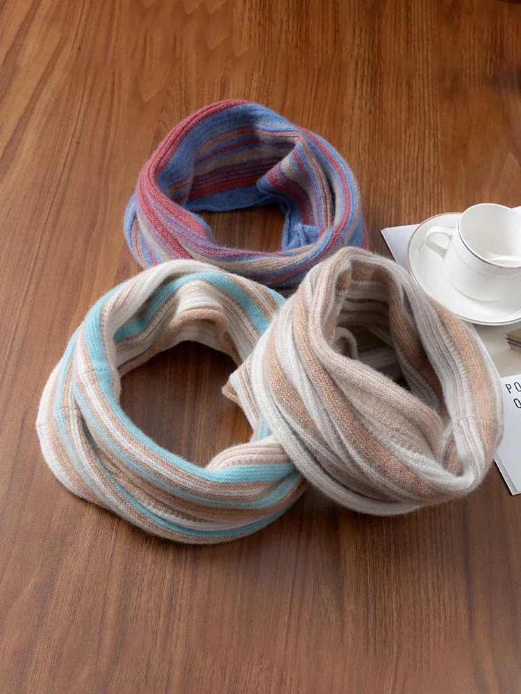 Women Tube Scarf Wool Stripes Neck Ring Warmer Thick Cowl Collar Loop Winter Unisex Soft Ride Skiing Knitting Accessories