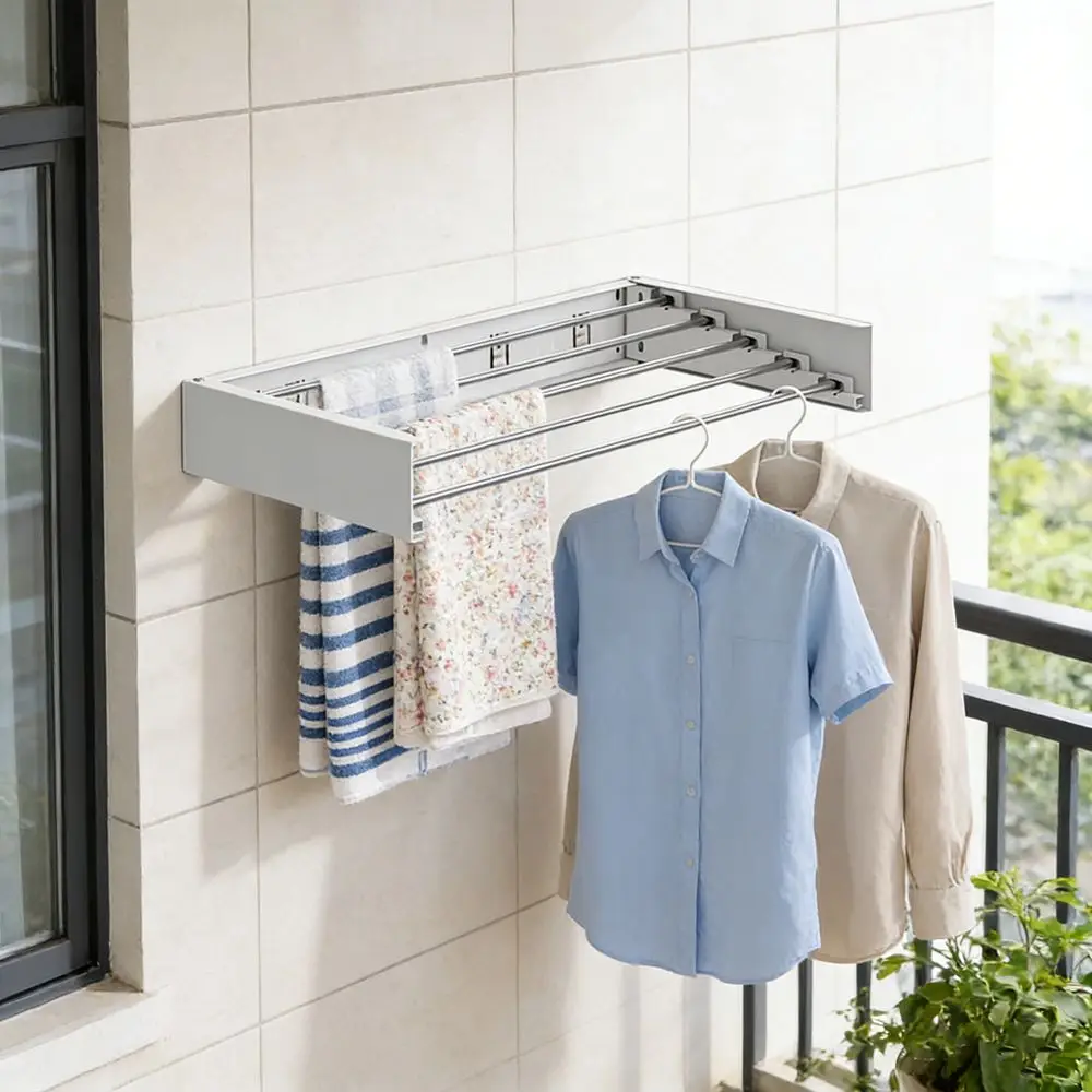 

Carbon Steel Invisible Clothes Drying Rack 60CM 5 Rods Hidden Drying Rack Large Capacity Wall Mounted Folding Clothes Hanger