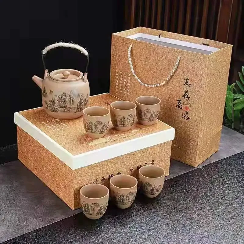 Retro Japanese-style coarse pottery beam pot ceramic kung fu tea set large teacup tea set