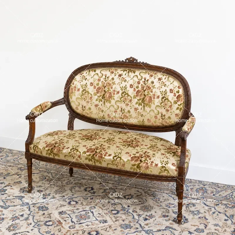 Classical Solid Wood Sofa Double Fabric Back Chair Engraved Casual Old Retro Living Room Furniture Customization