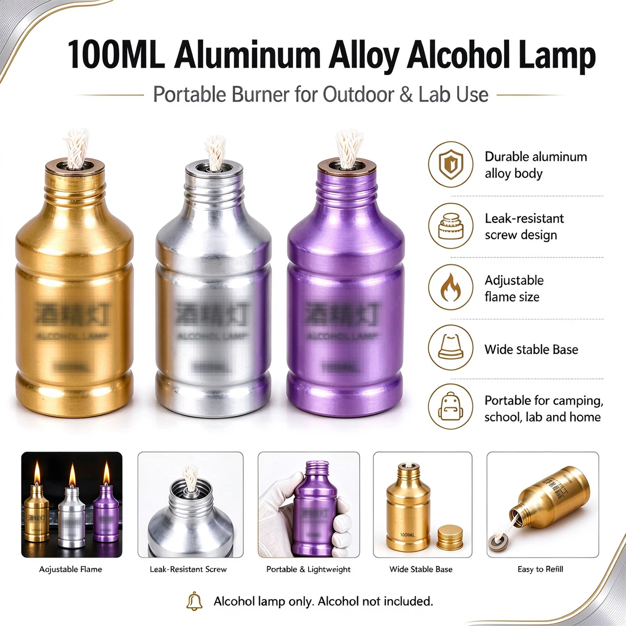1-3Pcs 100ml Leak-Proof Alcohol Stove Lamp Bottle, Aluminum Alloy Burner for Outdoor Hiking, Camping, Lab Experiment & Picnic