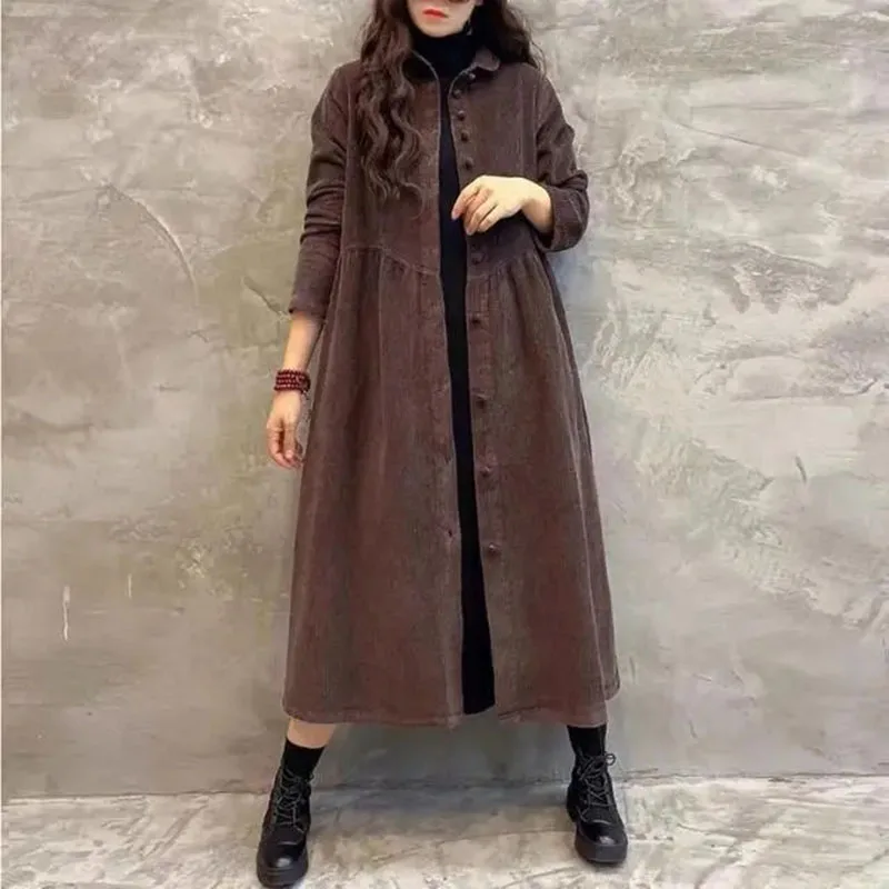 New Women Long Trench Coat Single-Breasted Long Sleeves Corduroy Overcoat Fashion Spring Autumn Casual Windbreaker Jacket Brown