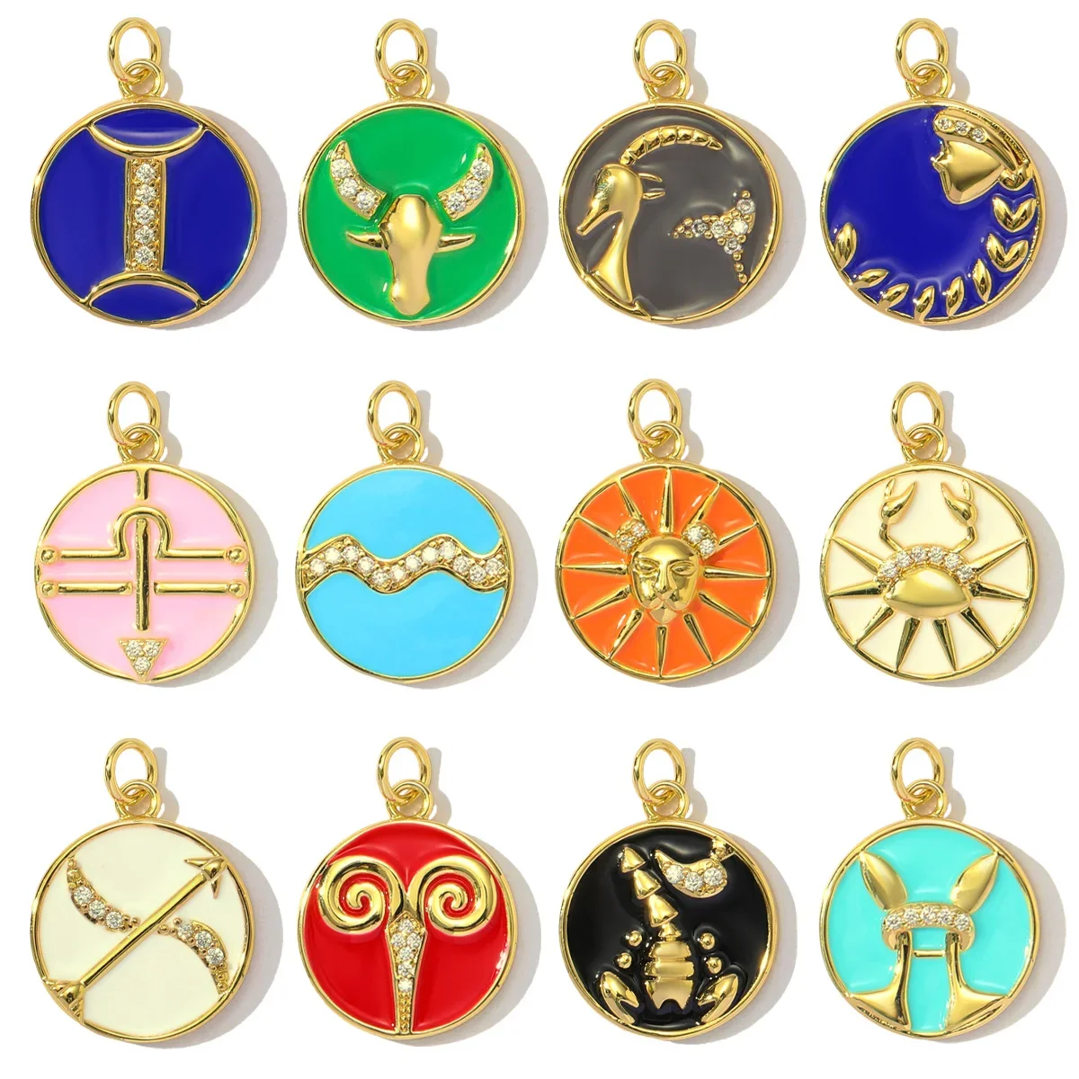 3pcs/Lot Wholesale Copper Round Enamel Zodiac DIY Charms Women Zirconia Star Signs Necklace Pendants Pisces Leo Jewelry
