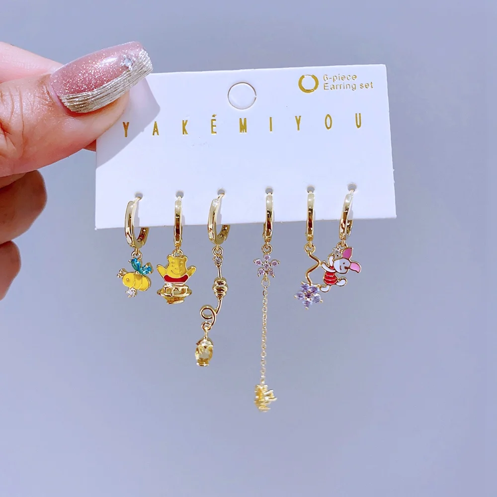 6pcs/Set Sweet Cartoon Bear Pig Pendant Huggie Hoop Earrings Gold Color Plated Women Girls Party Jewelry