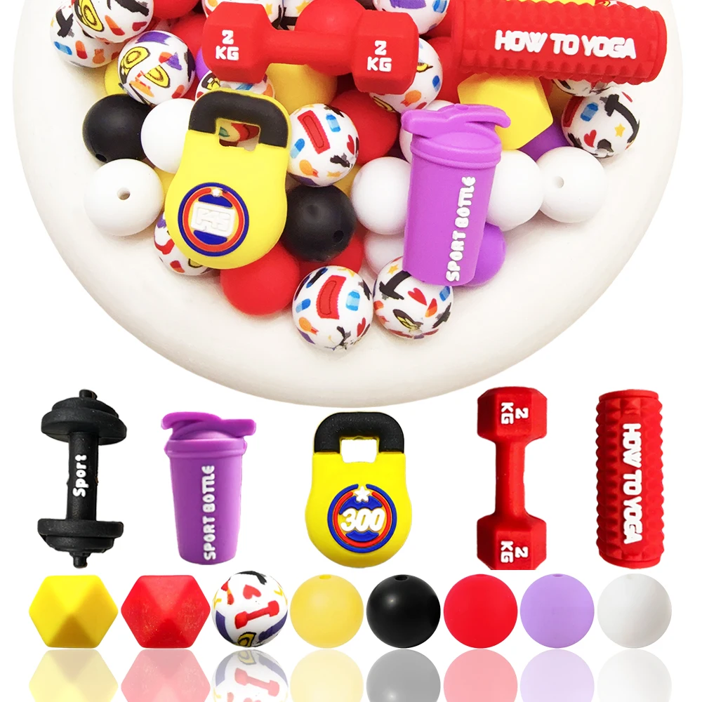 44/57/69Pcs 3D Fitness Equipment Series Silicone Beads Set - Suitable for DIY Keychains, Bracelets, Decorative Pens, and Pendants - Ideal as a Gift