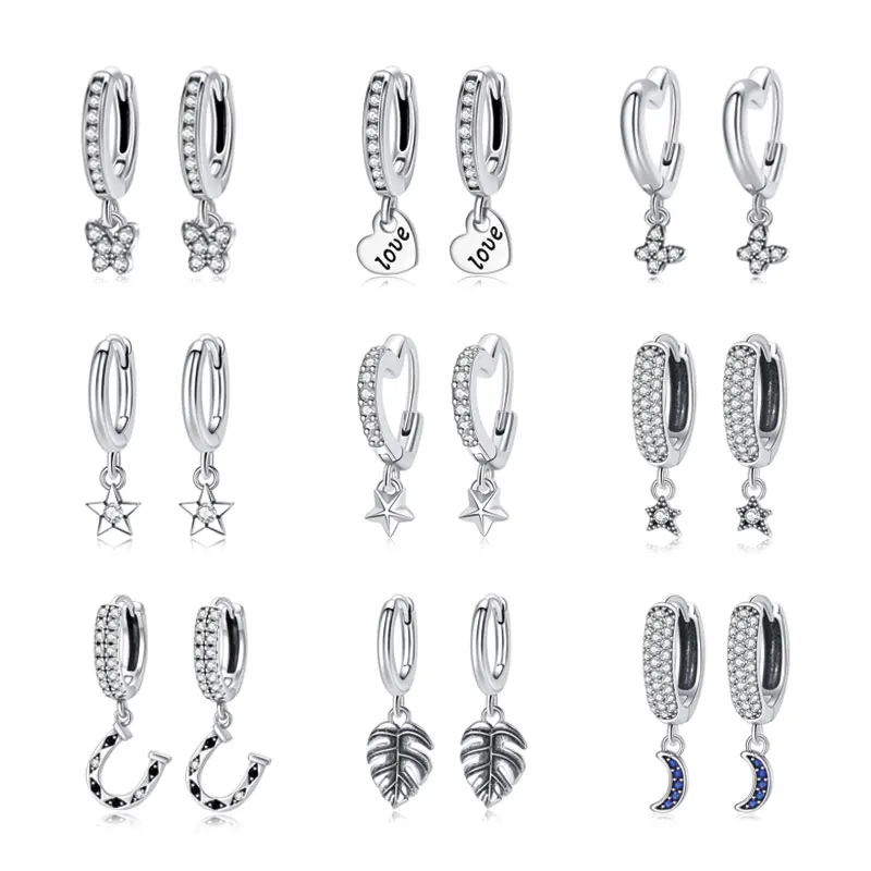 Original 925 Sterling Silver Hoop Earrings Crystal Love Heart Star Drop Earring Pendant Earings For Women Gift Luxury Jewelry