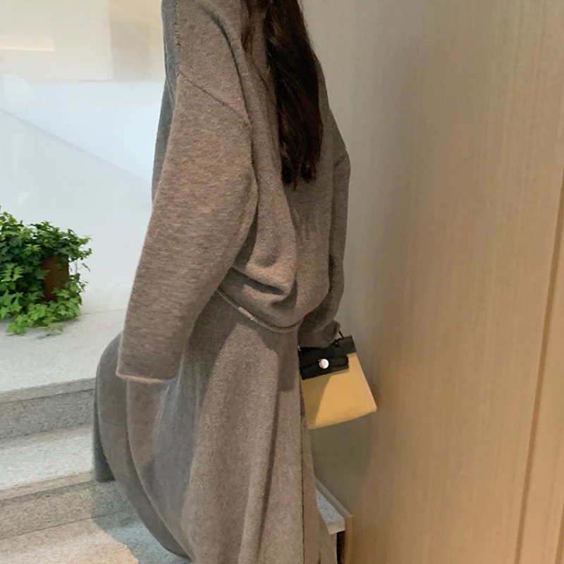 Autumn Winter Y2K Knitted Skirt Two Piece Set Korean Elegant Loose Sweater Tops and High Waist A-line Long Skirts Suit for Women