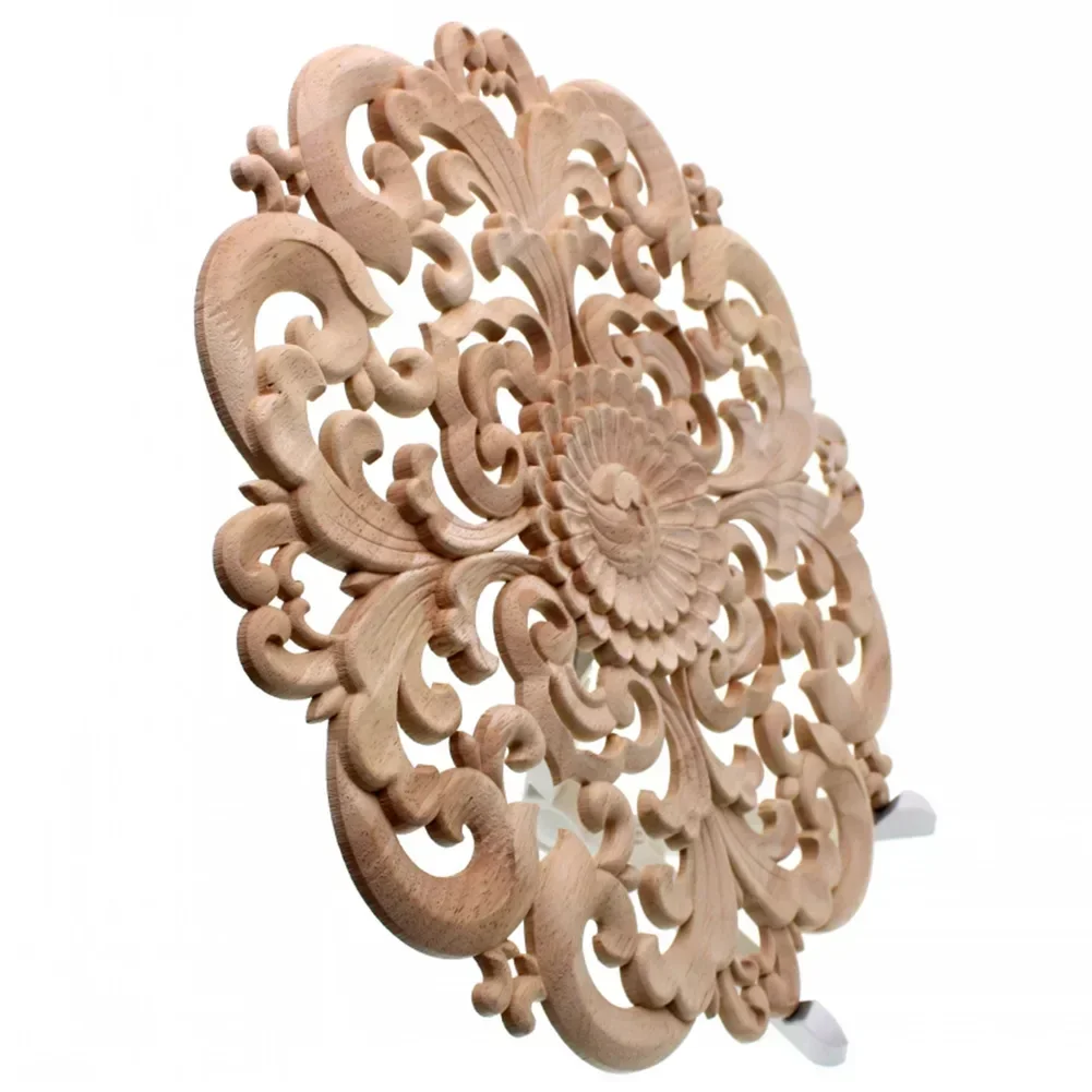 Home Decoration Onlay Applique Woodcarving Decal High Quality Round Wooden Decor 15/20cm Decorative Flower Board