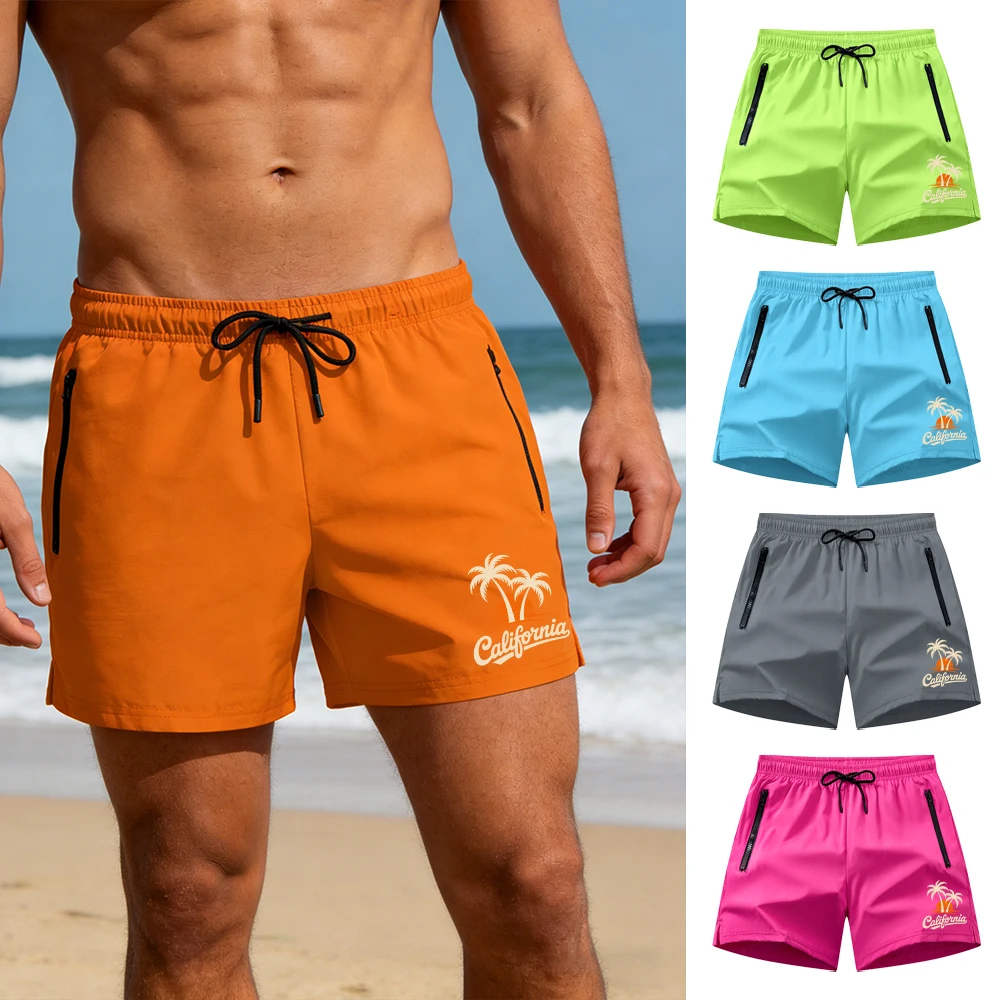 

Men's Coconut Tree Print Beach Shorts Summer New Style Casual Fashion Quick Drying Breathable Swim Trunks With Zippered Pockets