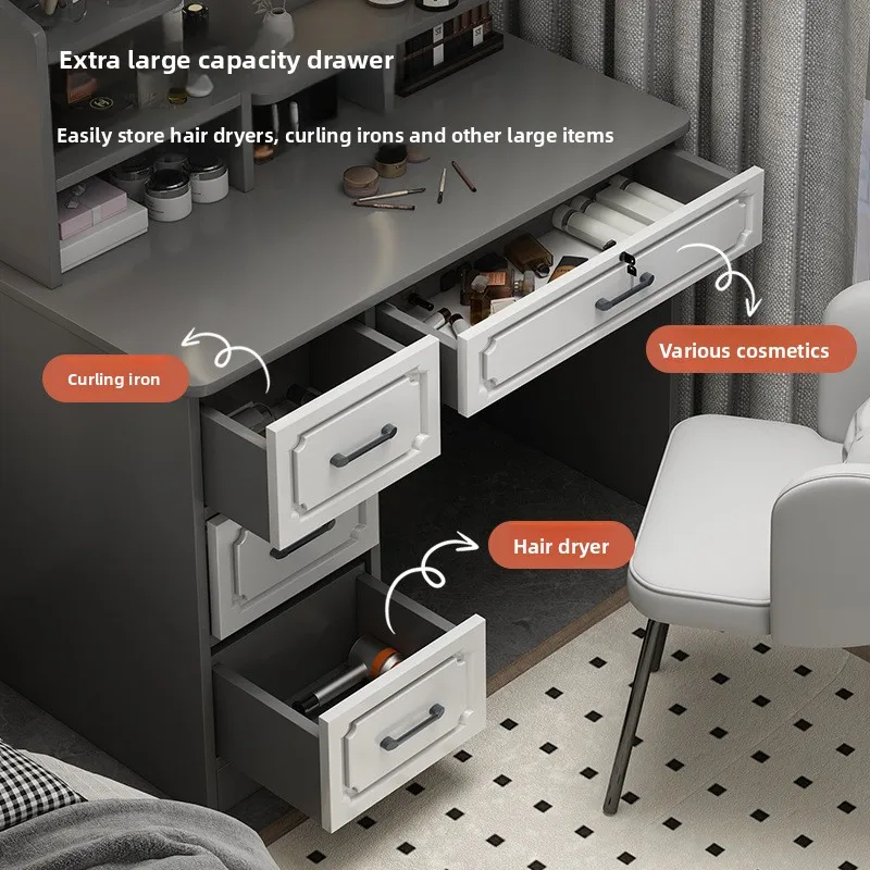 Modern Vanity Dressing Table Set with LED Mirror 3 Color Drawers Storage Makeup Desk for Bedroom White Dressers Furniture