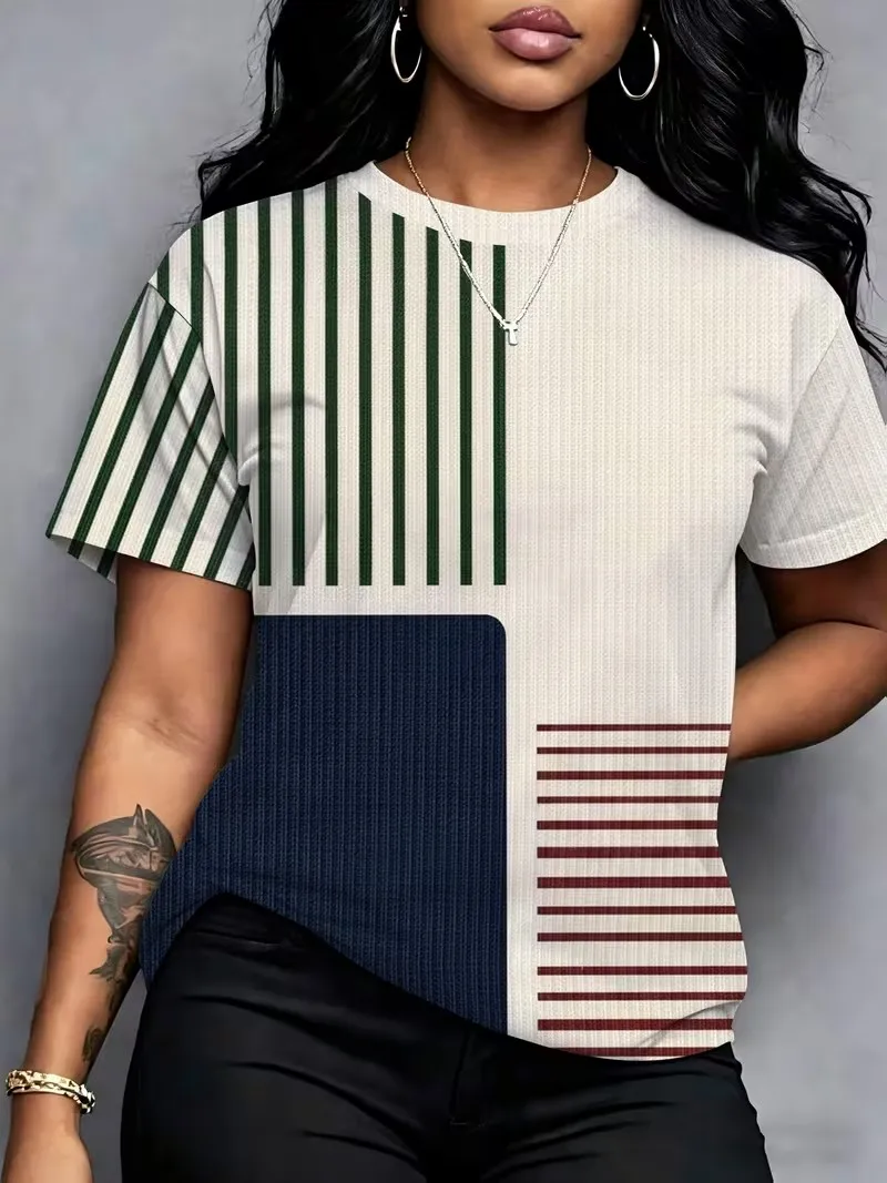 Women's T-shirt Summer Short Sleeved Round Neck Casual Top Retro Colored Checkered Striped Printed Top