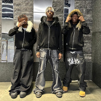 2025 Autumn/Winter New Y2k Sweatshirts Harajuku Artificial Fur Collar Hoodie Clothing Pattern Hip Hop Punk Gothic Zipper Hoodie