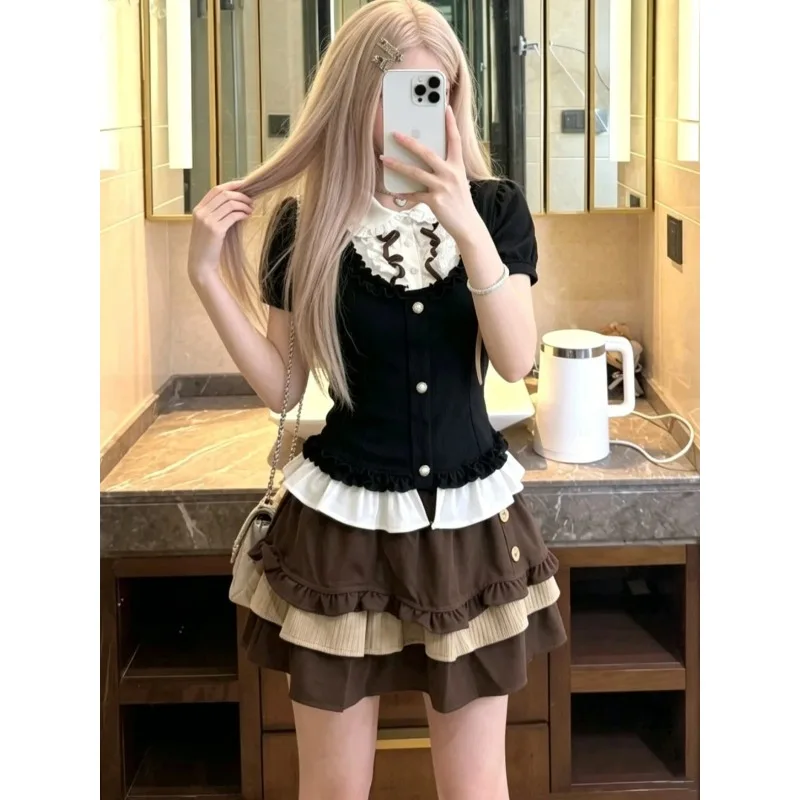 Japanese Y2k Sweet Cool Knitted Soft Sticky Two Piece Button Mushroom Tops Casual Harajuku Cake Skirts Retro 2 Piece Set