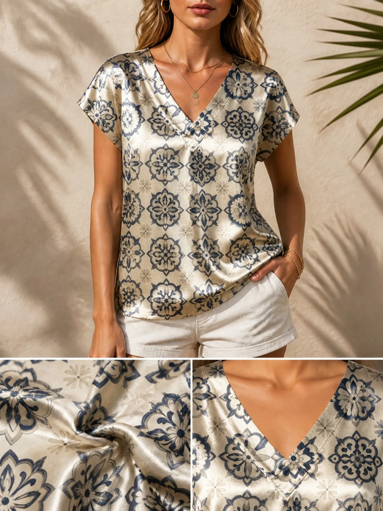 Floral Satin V Neck Top for Women Cap Sleeve Loose Draped Fit Silky Travel Cafe Leisure Wear Lightweight Breathable Refined Airy