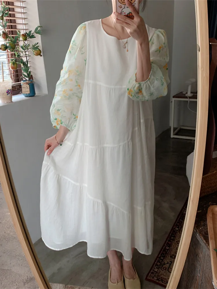 

AIGYPTOS Spring Summer White Dress Women French Country Style Floral Patchwork 100%Ramie Dress Korean Fashion Loose Long Dress