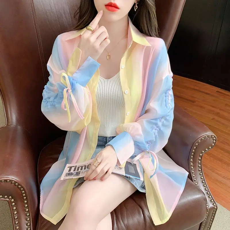 spring Summer Turn-down Collar Long Sleeve fashion shirt women High street Multicolor Button Cardigan elegant Bow Drawstring top