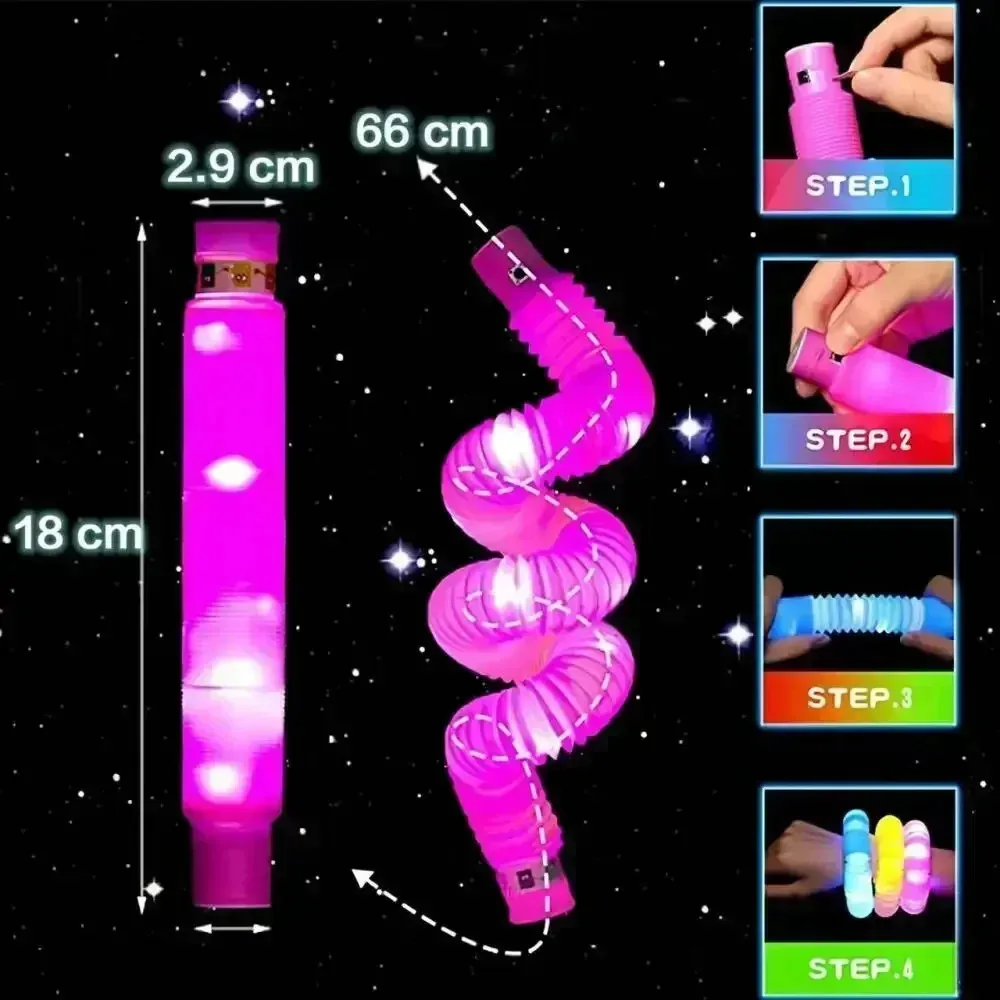 6-30Pcs/Pack PopTubes Lighted LED for Adult Kids Stress Relieve Toys Plastic Bellows Pull Stretch Tube Party Game Squeeze Toys