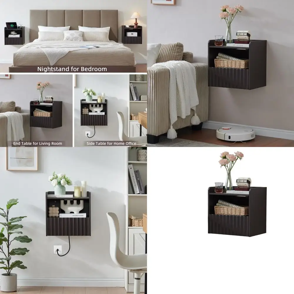 

Современная настенная прикроватная тумбочка с рифленой отделкой, выдвижным ящиком и полкой, элегантное решение для хранения в компактных жилых пространствах и спа-зонах