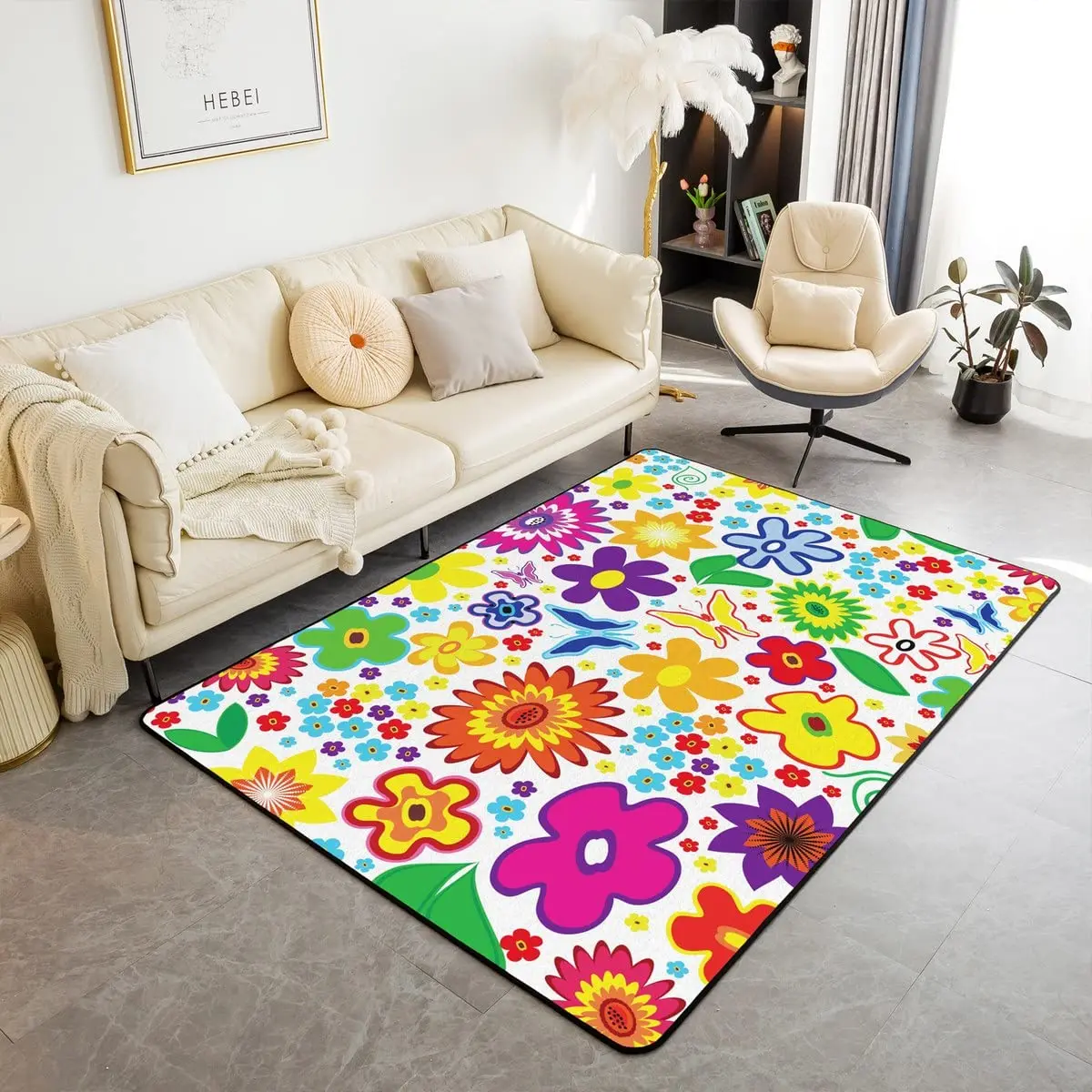 70s Groovy Flower Area Rug for Living Room Bedside, Retro Rainbow Flowers Bedroom Rugs, Cool Vintage Boho Floral Carpet Non Slip