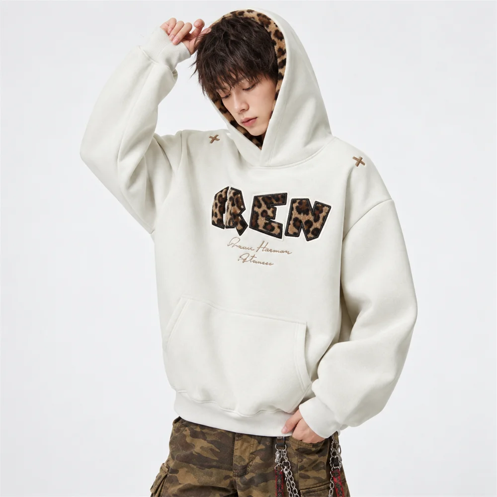 Men's Leopard Patch Embroidered Hoodie Heavyweight Relaxed Streetwear Sweatshirt