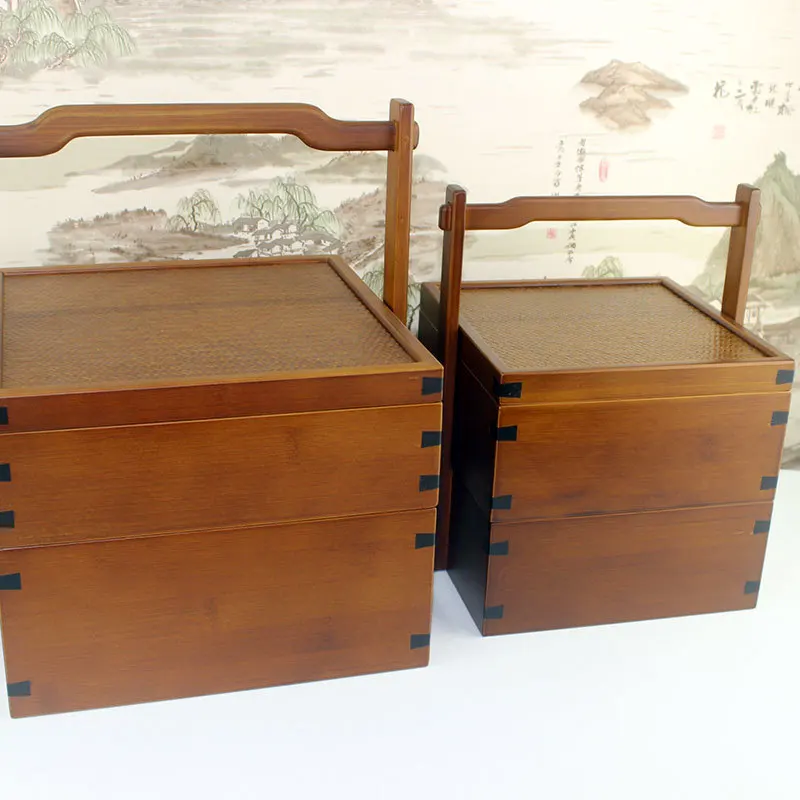 

Bamboo retro food box tea set storage dim sum tea set storage basket bamboo basket double layer