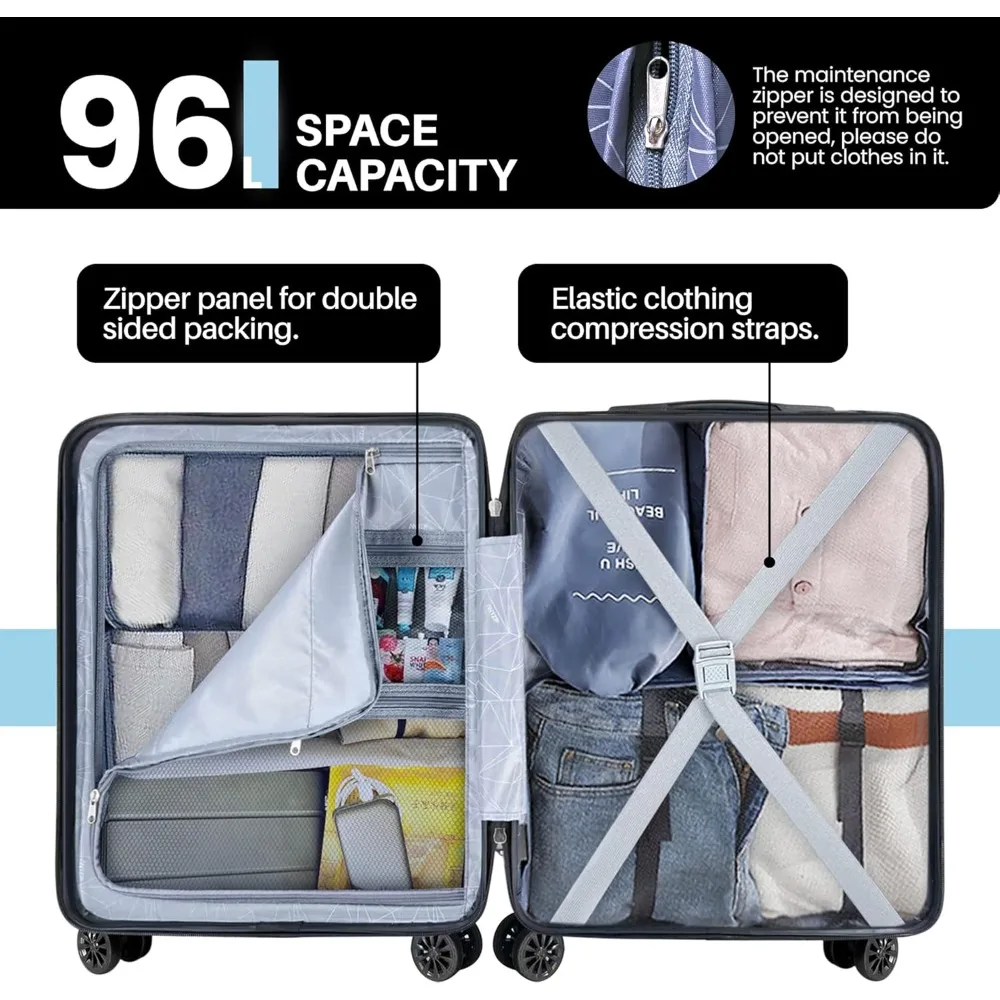 Equipaje rígido de ABS liviano con USB, cerradura TSA, ruedas, maleta grande de 28 pulgadas, maleta a cuadros azul para viaje