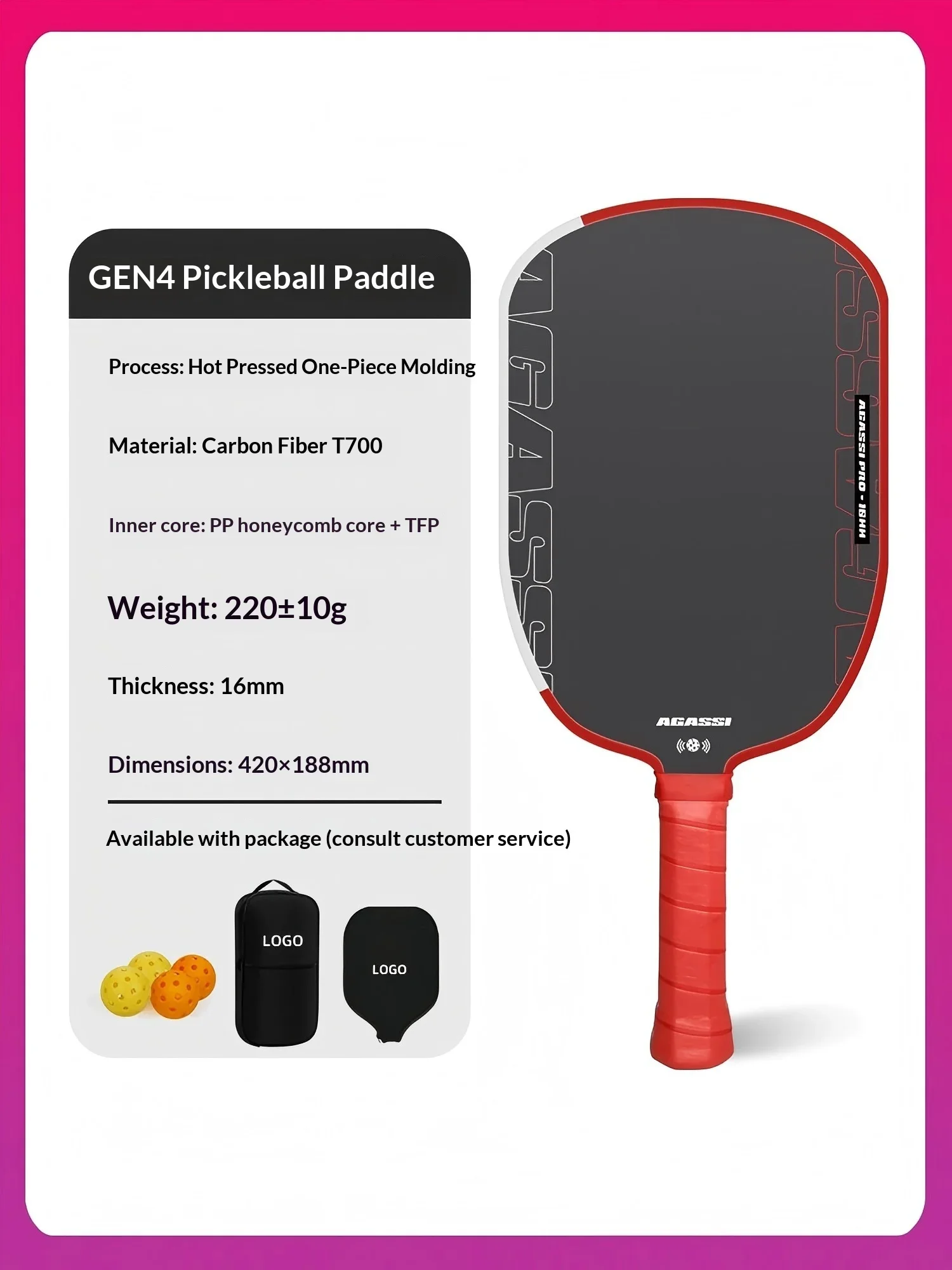 

Toray T700 Carbon Fiber Pickleball Paddle 16MM Agassi Complete Set