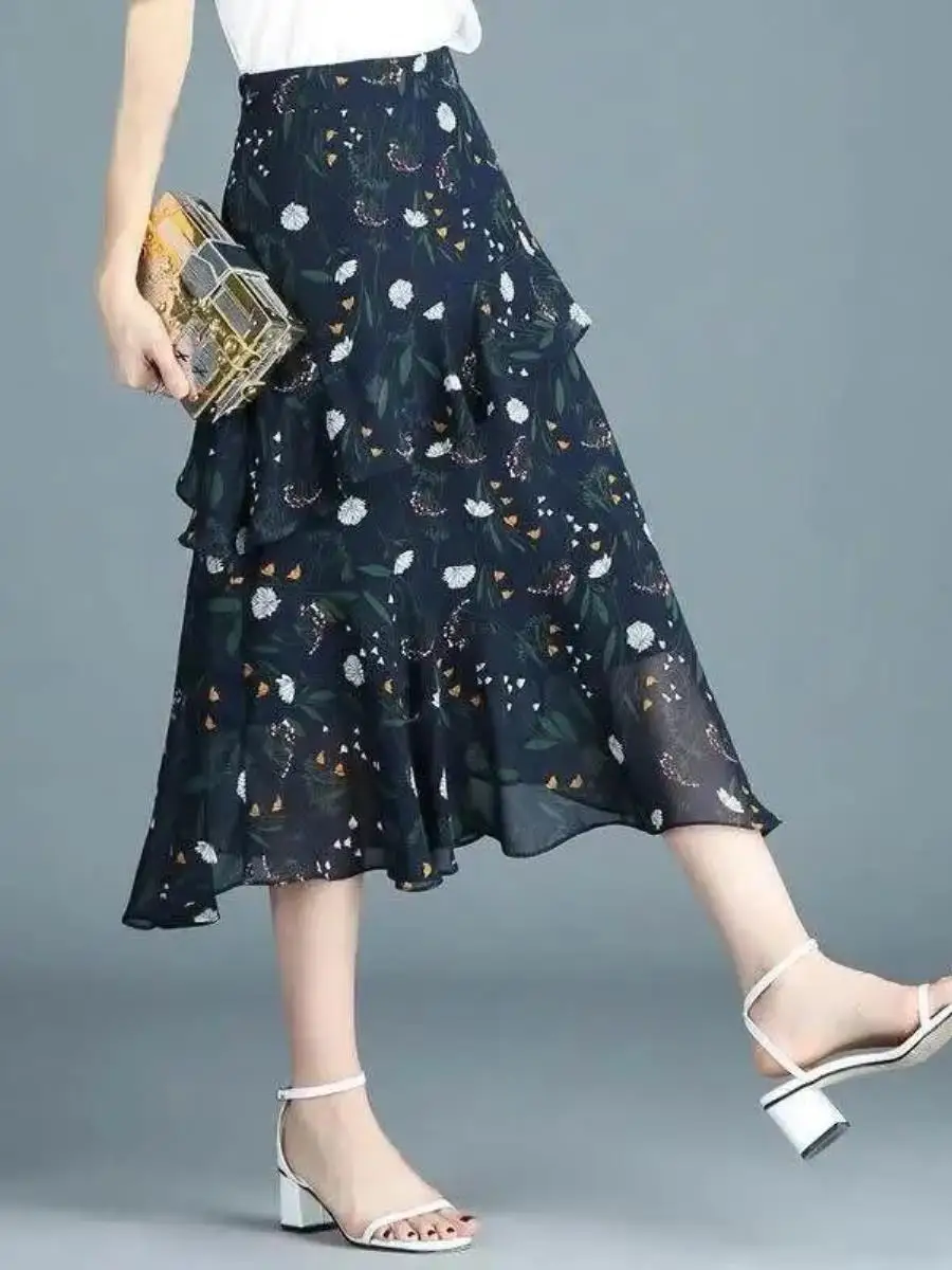 High Waist Midi Skirt Women's Summer 2025 New  Floral Chiffon A-Line Gauze Skirt Asymmetrical Hemline Commute Style
