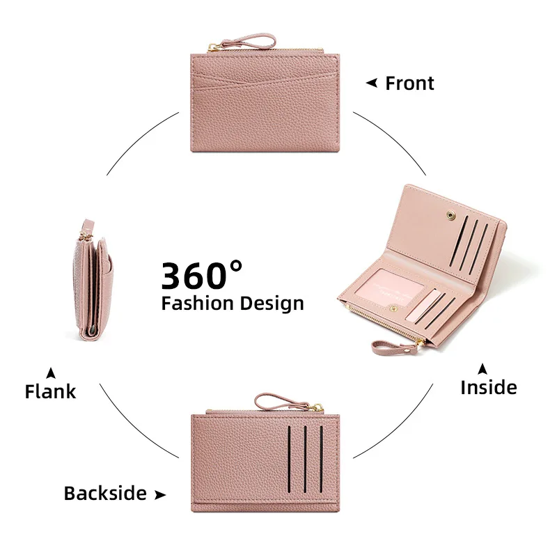 LadiesCompact Short Wallet Japanese Lychee Pattern Fashion Cross-Border Single Zipper Card Holder Silver Purse