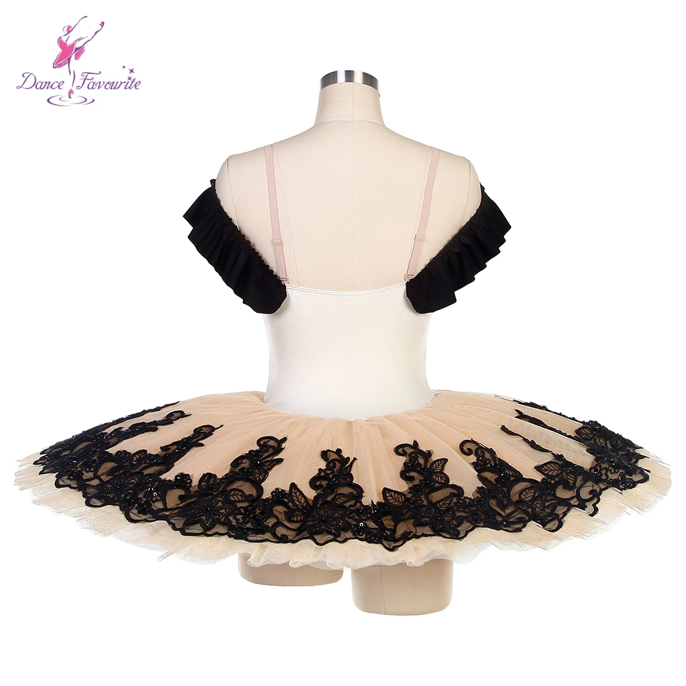 BLL503 Ivory Spandex Bodice Ivory Tulle Tutu with Black Applique Decorated Pre-professional Tutus