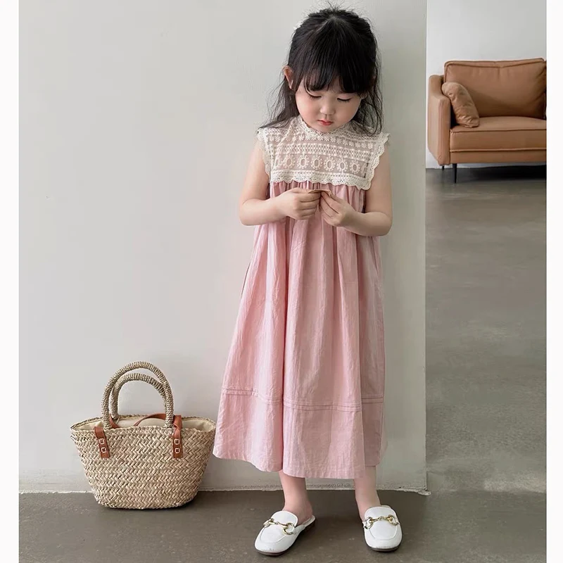 1-6Yrs Girls Pink Dress Summer New Children Clothing Fashionable Girls Lace Collar Sweet Sleeveless Casual Dress Korean Style