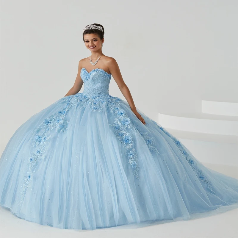 

Sky Blue Sexy Strapless Sweetheart 16 Quinceanera Dresses 3D Flower Beads Corset Dress Vestidos De 15 Anos Masquerade xv Dress