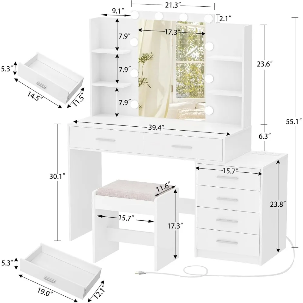 Vanity Desk with Mirror & Lights, Makeup Vanity with 6 Drawers Open Shelves and Power Outlet, Storage Desk with Stool Bench