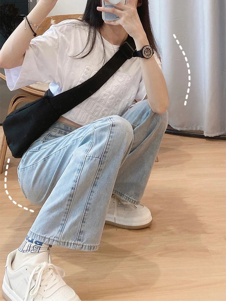 

Женские летние тонкие джинсы больших размеров с широкими штанинами, свободного кроя, с высокой талией, повседневные прямые брюки из денима для полных женщин