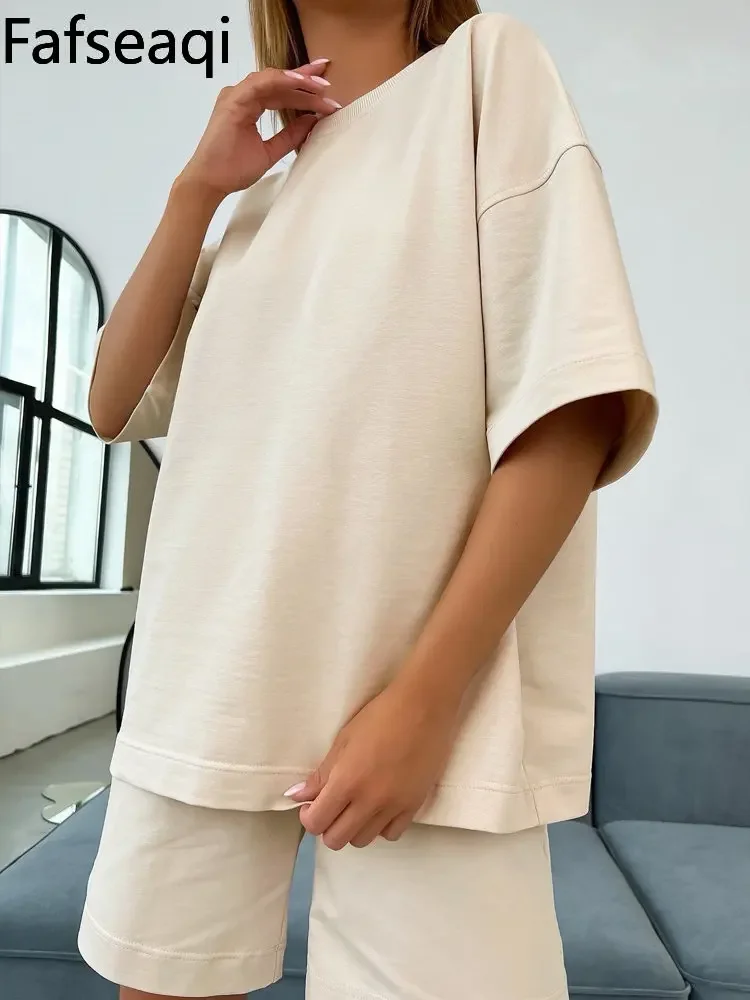 100% Cotton Suit T-shirt and Shorts for Women New Summer Yellow Basic Two Piece Sets and Top Classic Oversized Women\'s Tracksuit