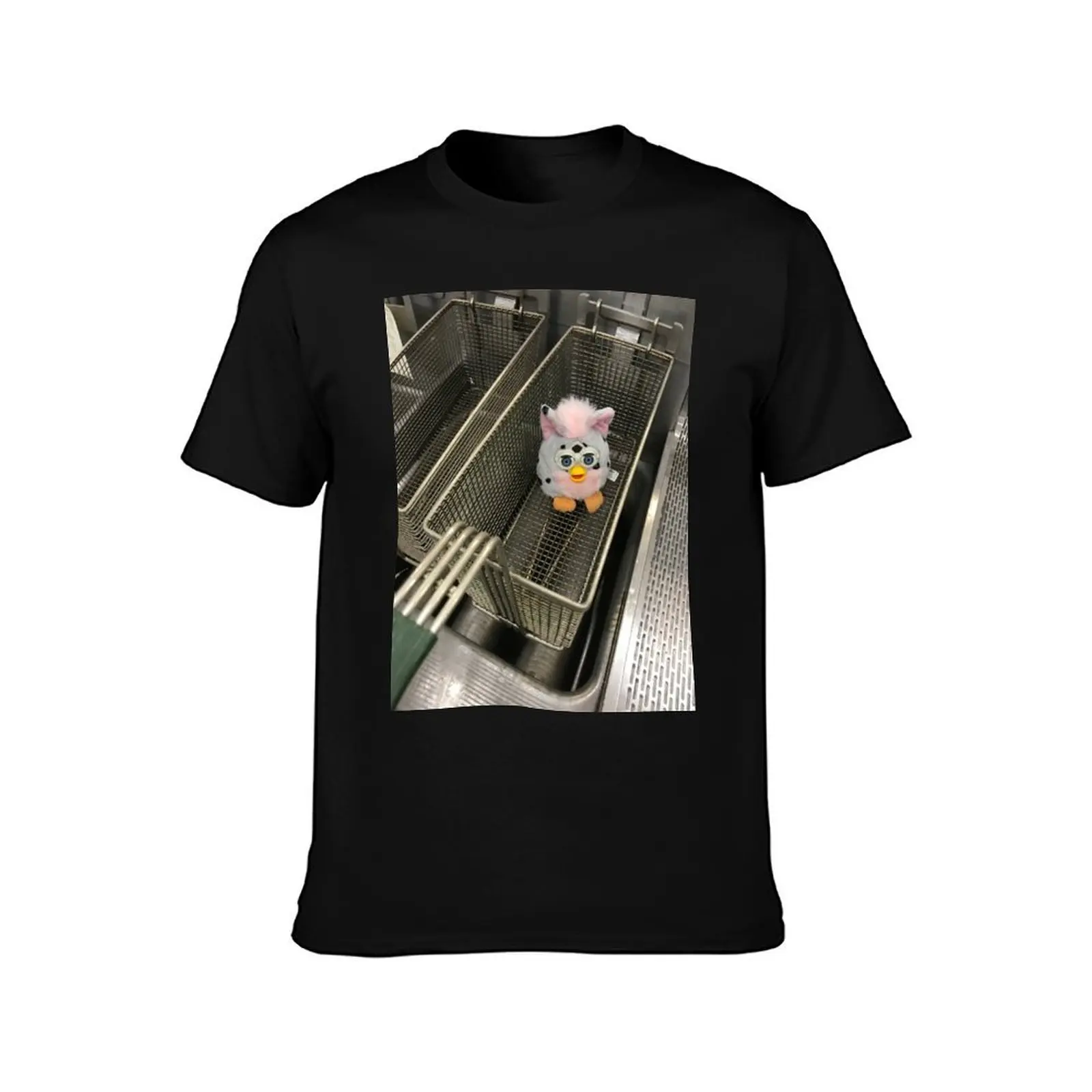 Furby in fryer basket T-Shirt, Summer Casual Cotton Tee, Oversized Streetwear Tops, Vintage Graphic Print, Unisex Men Women