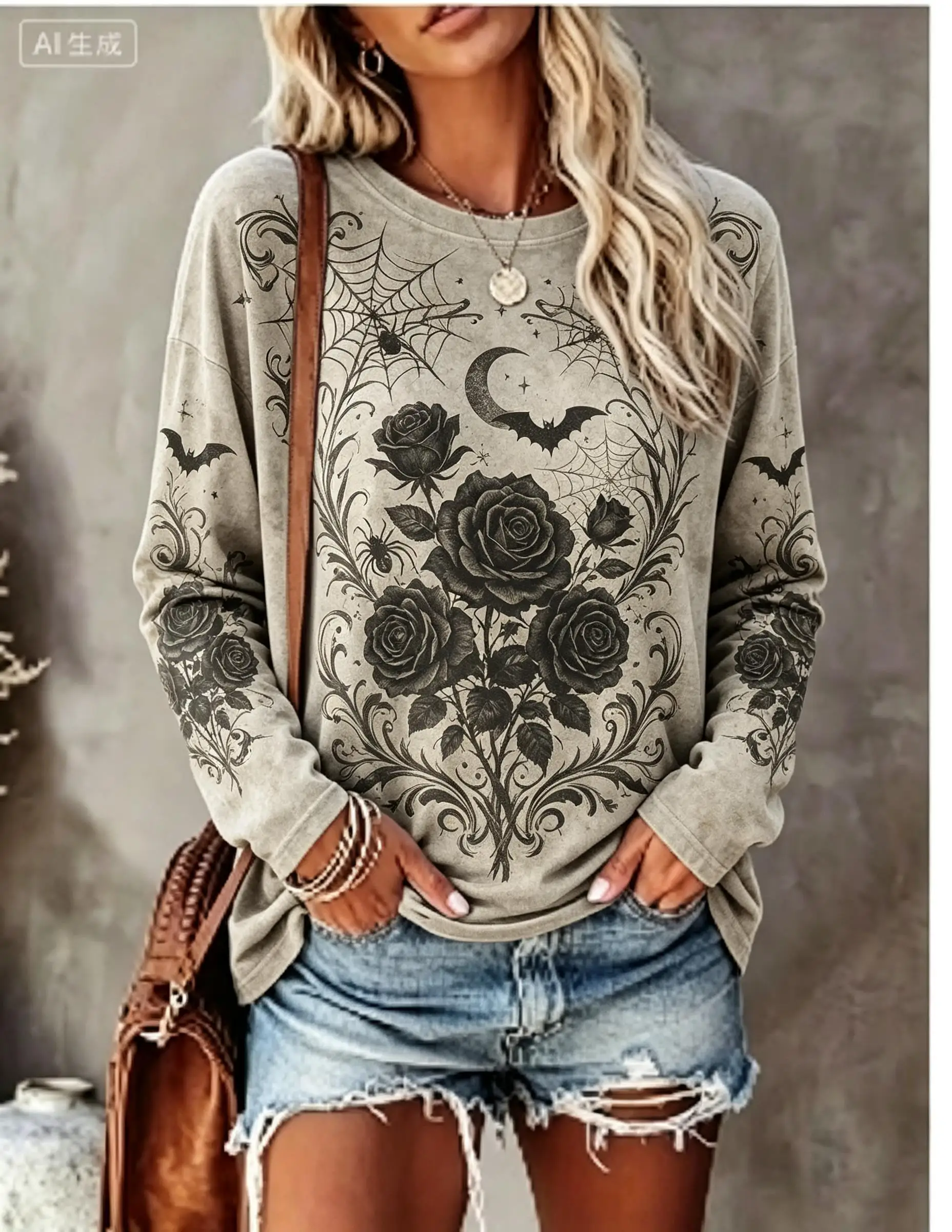 Women Halloween Long Sleeve T‑Shirt Spider Raven Blue Rose Tie‑Dye Gothic Print Crew Neck Tops - view 5