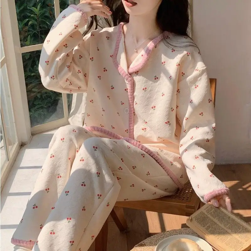 

Thickened cute Cotton Sweet Home Clothes Sleepwear Women's Loungewear Pajamas Girl's Nightgown Homewear Warm Suit Autumn Winter