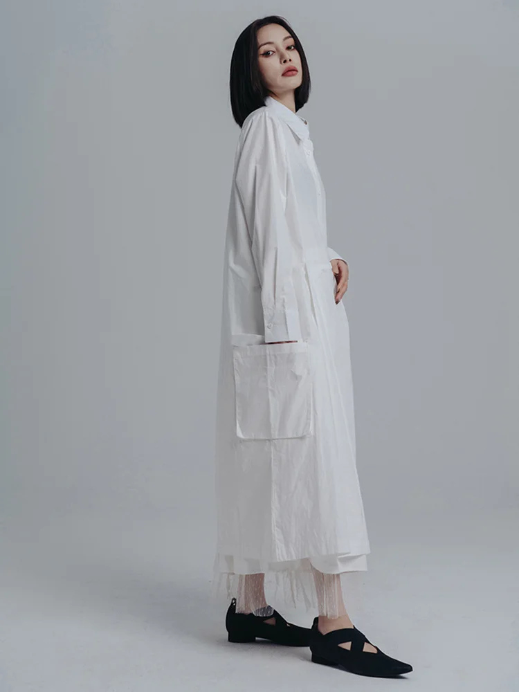 [EAM] Women White Pleated Irreuglar Big Size Shirt Dress New Lapel Long Sleeve Loose Fit Fashion Tide Spring Autumn 2024 1DE7026