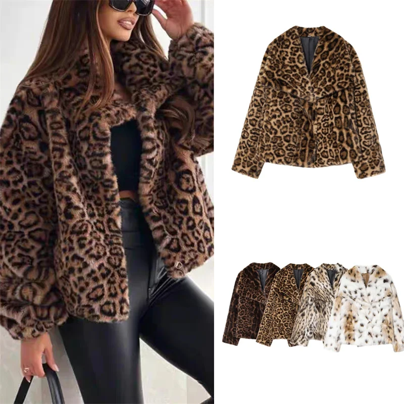 Guobioziy Women's Coat 2026 Winter New Style Fashion European and American Leopard Print Large Lapel Loose Faux Fur Effect Coat