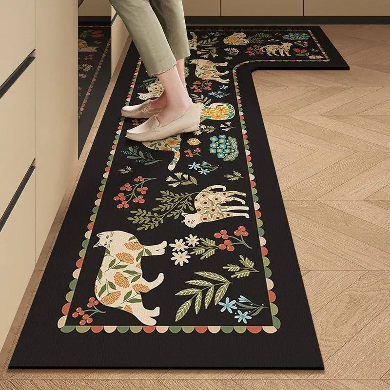 

Kitchen Mat L-Shaped Easy to Maintain Silicon Dendroid Cartoon Water Absorbent Non-Slip Pad Home Use Entrance Door Mat