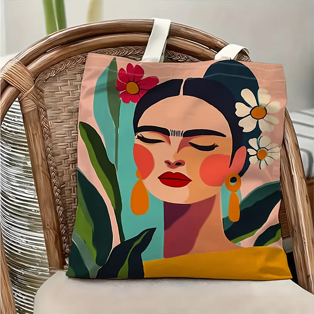 1 bolsa de compras de lona reutilizable con estampado floral inspirado en Frida Kahlo, adecuada para uso diario, compras, escuela y viajes.
