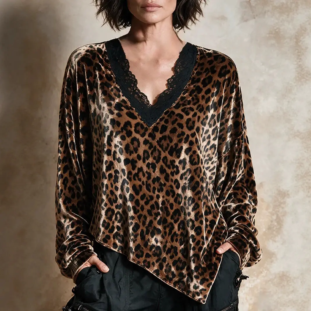 Women Leopard Print Velvet Blouse Lace Trim V Neck Long Sleeve Irregular Asymmetrical Hem Loose Casual Vintage Top For Fall
